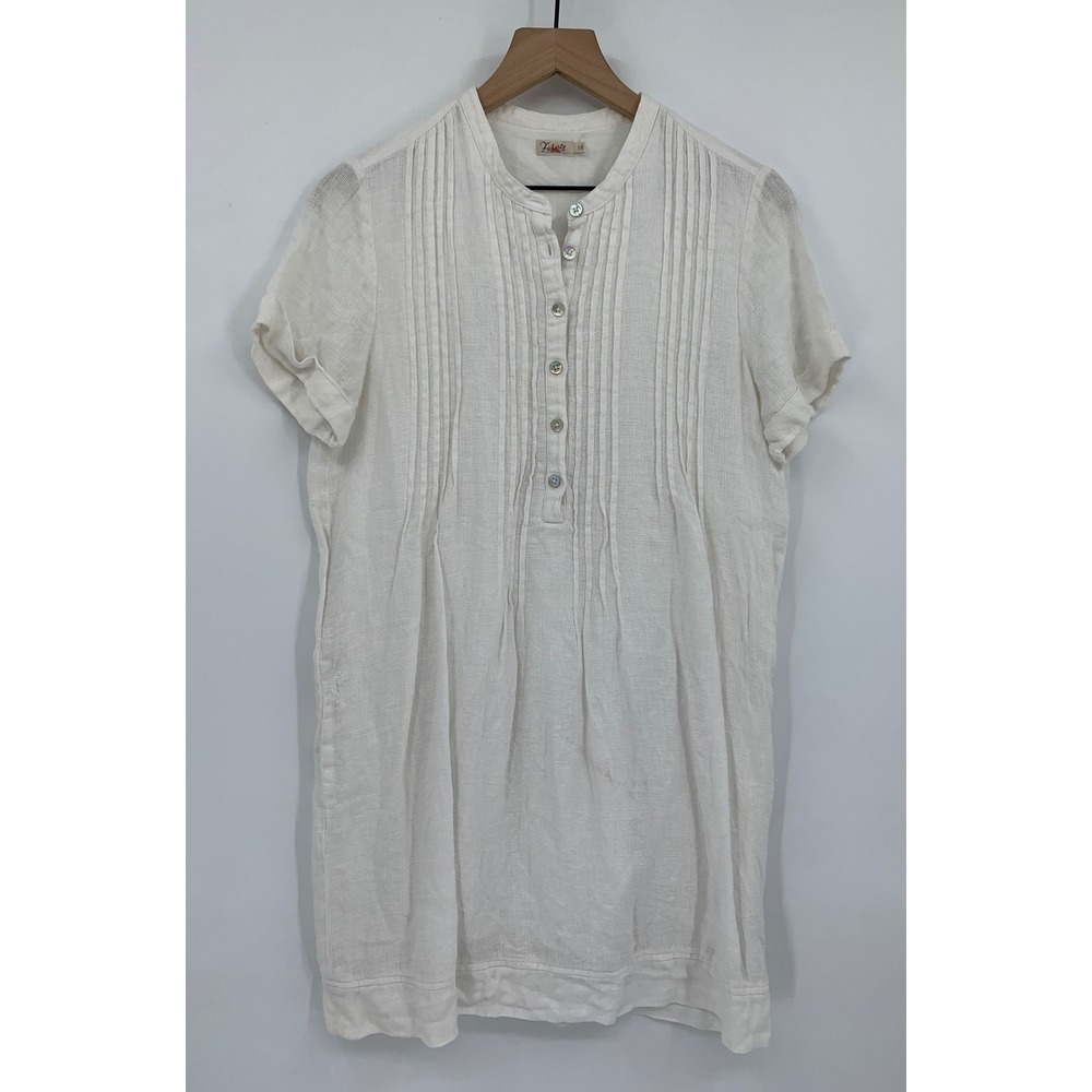 Faherty Dress Womens Small Cream Linen Pintuck Short Sleeve Preppy Boho
